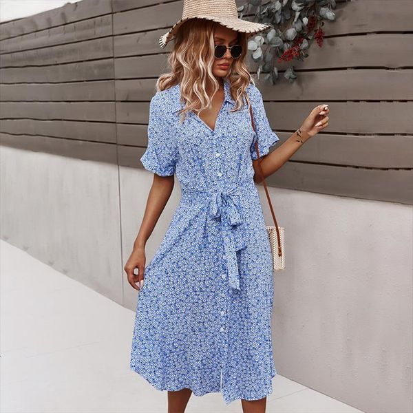 

spring bandage casual short sleeve womens dresses button print summer holiday style, Black;gray