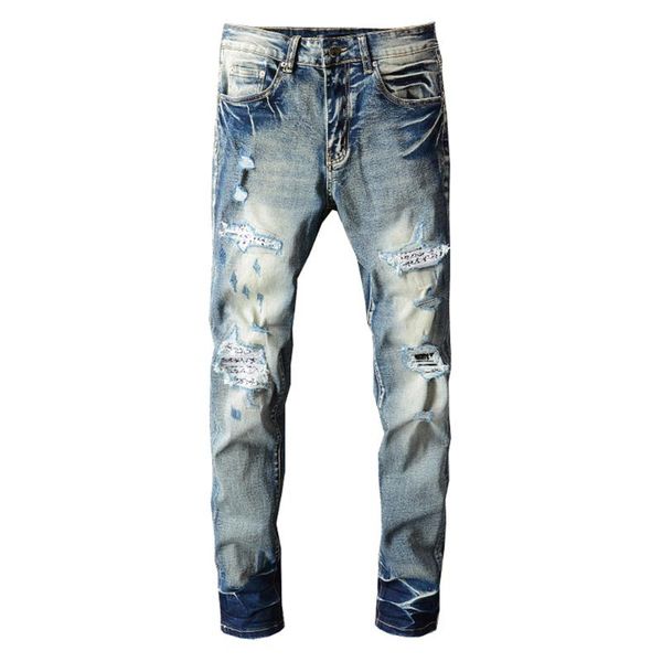 

men's jeans patchwork tie and dye skinny streetwear holes ripped stretch denim pencil pants patch trousers, Blue