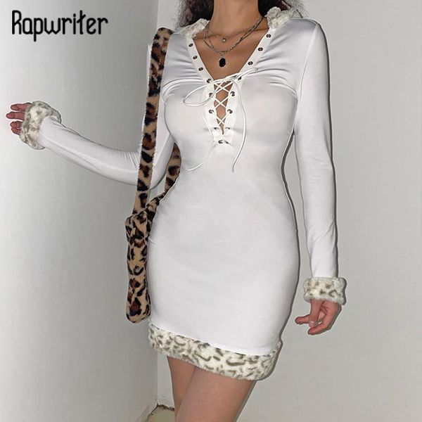 

casual dresses rapwriter y2k winter knitted dress elegant fur patched stacked for girl tie up vintage leopard bodycon white party, Black;gray
