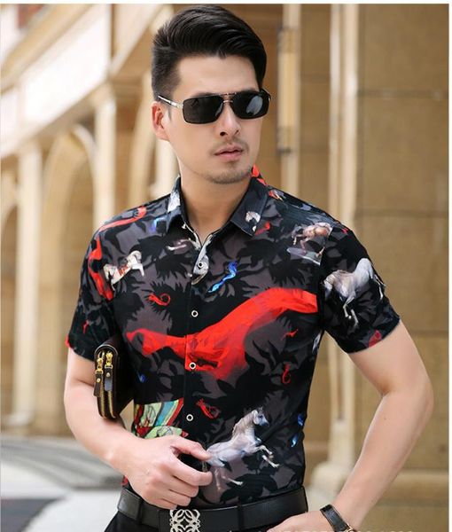 

men's casual shirts silk mens velvet see through flower male night club short sleeve transparent fashion horse print slim fit, White;black