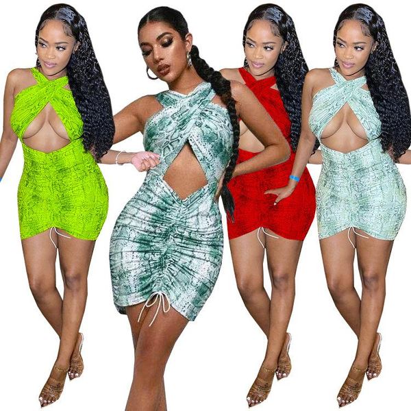 

casual dresses zaggin 2021 summer women snakeskin grain print 4-color mini dress sext halter wrapped chest sleeveless backless skinny, Black;gray