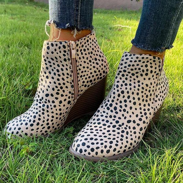 

boots women's leopard ankle zipper famele wedges shoes footwear platform ladies high heels woman bota feminina autumn, Black