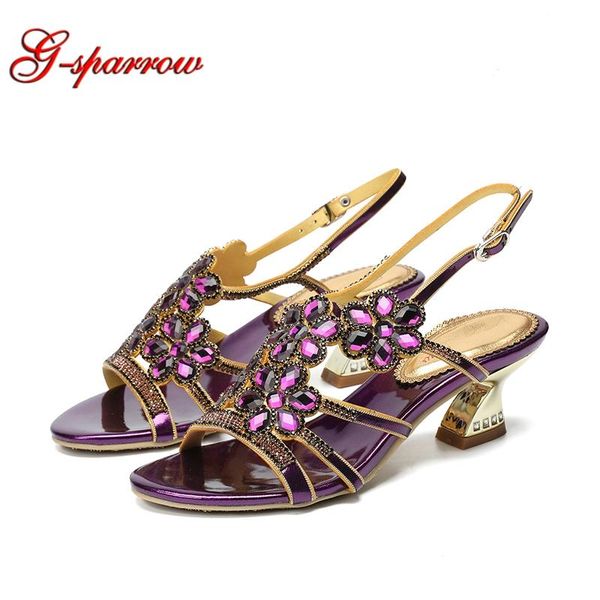 

purple luxury rhinestone summer sandals flower block heels chunky thick heel woman shoes, Black