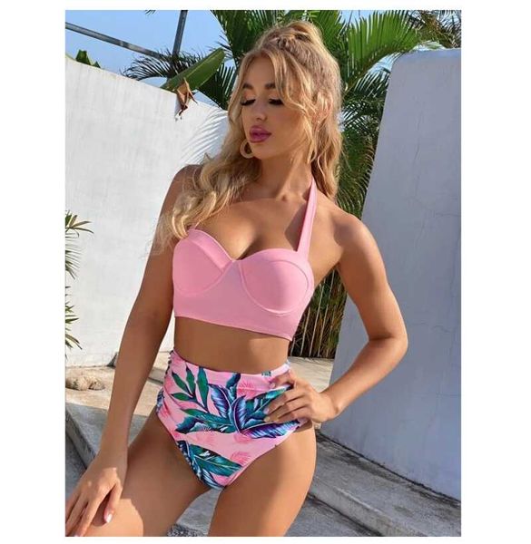 

women's swimwear high waist bikini 2021 leaf print swimsuit women push up female halter bathing suit vintage swimming biquini, White;black