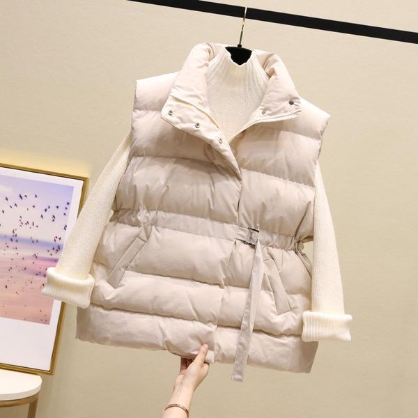 

women's vests black stand collar women fashion zipper belted coats elegant autumn winter short female ladies, Black;white
