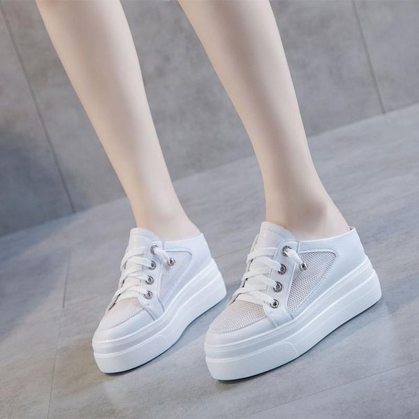

mesh + real leather slippers cool wedged shoes plus size high heeled mules woman flatform women white silver, Black