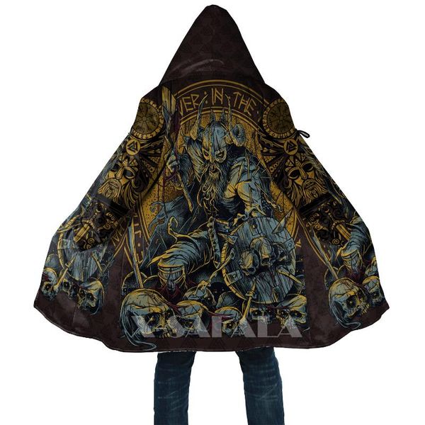 

men's wool & blends viking style warrior shield skull 3d printed hoodie long duffle coat hooded blanket cloak thick jacket cotton pullo, Black