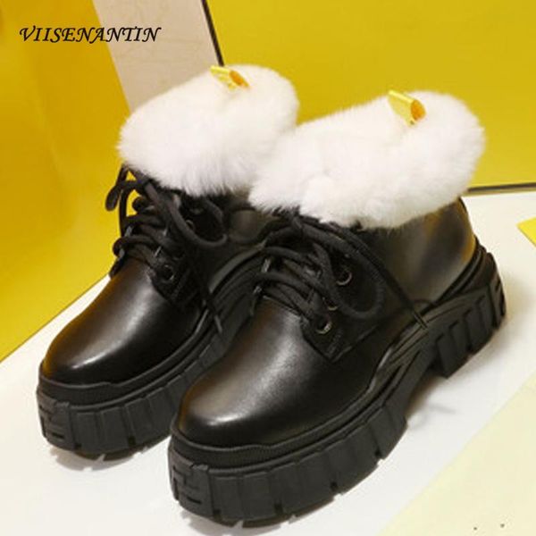 

boots thick-soled women plus velvet winter snow lace-up wool round toe comfortable designer brand short 2021, Black