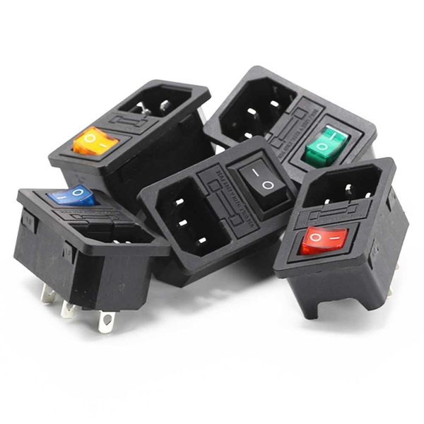 

1pcs 250vac 3 pin iec320 c14 inlet plug power with lamp rocker switch 10a fuse holder socket male connector