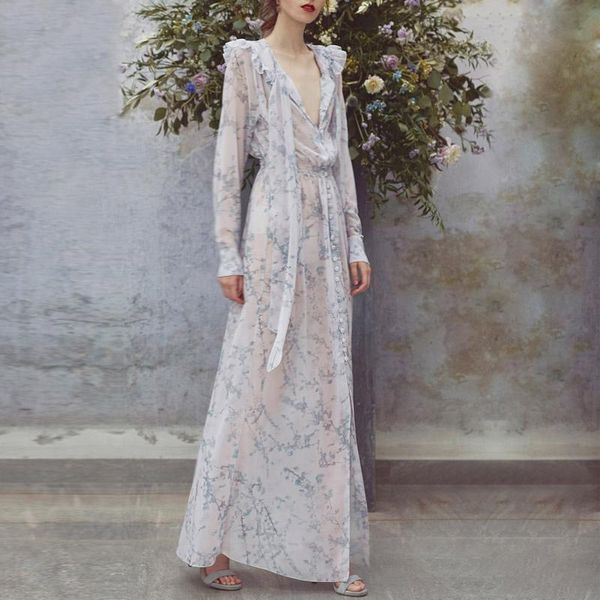 

casual dresses runway dress summer luxury designers women spring ladies long sleeve elegant chiffon maxi party vestido, Black;gray