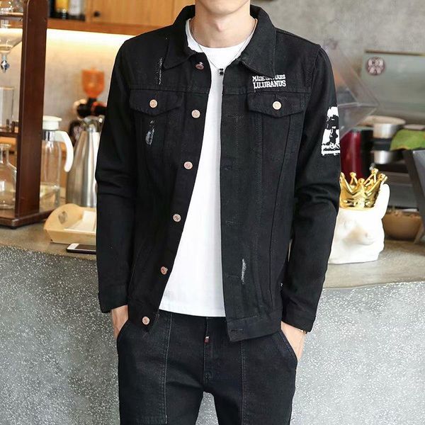 Giacche da uomo Giacca di jeans nera Moda Chic Lettera Ricamo Manica lunga BF Harajuku Cappotto di jeans monopetto stile coreano maschile