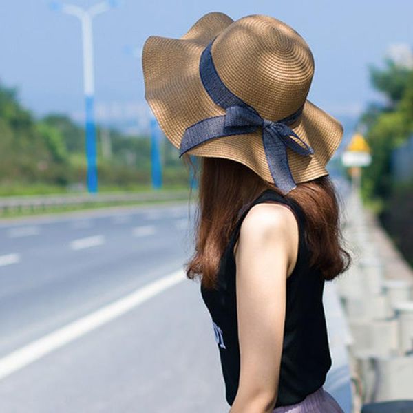 

wide brim hats straw hat female summer vacation beach sun protection bow korean version sunshade travel versatile along the, Blue;gray