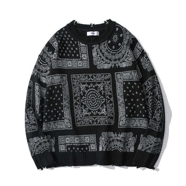 

fashion sweater chao card cashew jacquard t-shirt men hip hop high street personality hole hem, White;black