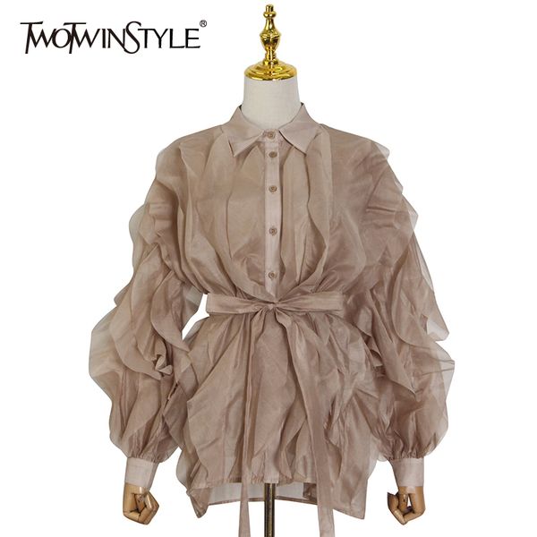 

elegant patchwork shirt for women lapel collar long sleeve ruffles single breasted blouses female summer style 210524, White