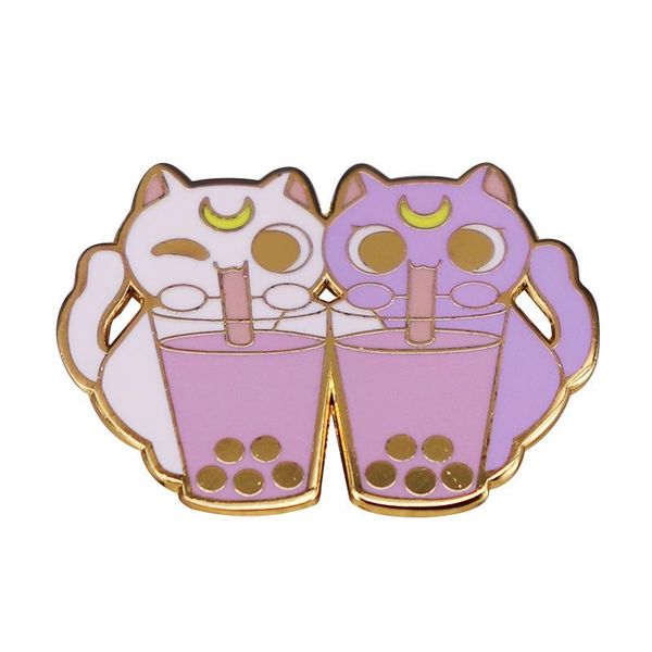 

pins, brooches cute cat drink milk tea brooch badge, Gray
