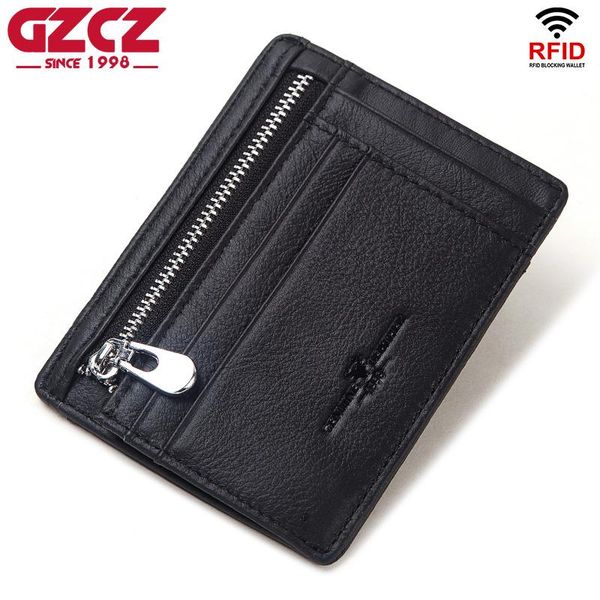 

card holders gzcz 100% genuine leather men holder case business travel wallet pocket thin slim coin purse christmas gift for male, Brown;gray