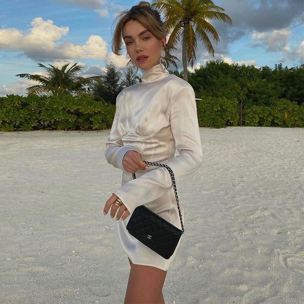 

casual dresses 2021 fashion women silk slim compact long sleeve high-necked elegant dress party club female short, Black;gray