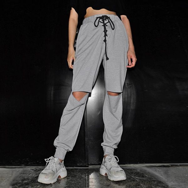 

women's pants & capris hole elastic ankle ripped sweatpants joggers women clothes knee cut destroyed street wear trousers lace up high, Black;white