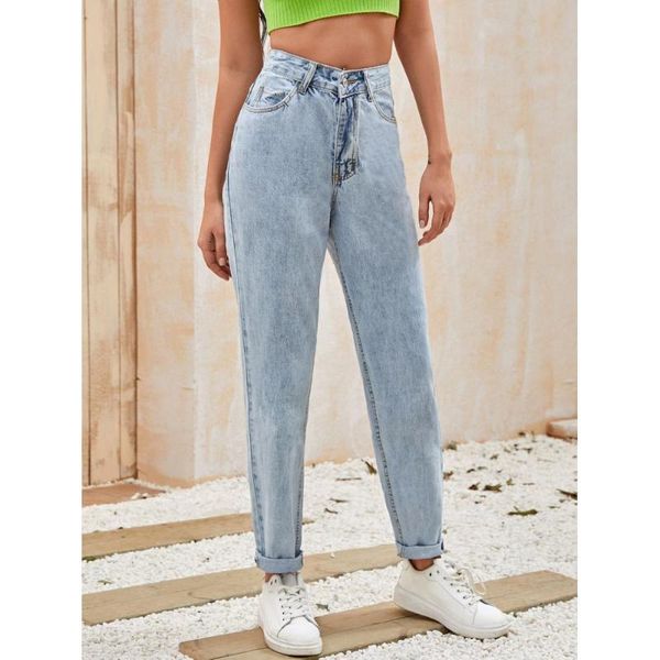 

women's jeans light wash high-rise mom, Blue