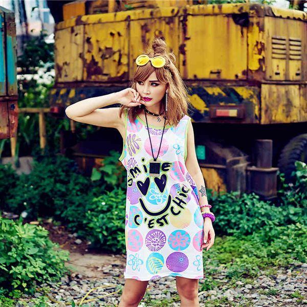 

dresses new product smiley face digital printing loose large size vest pullover one-piece dress trendy suspender top, Black;gray