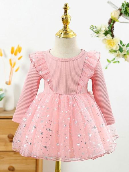 

baby ruffle trim star mesh hem dress she02, Red;yellow