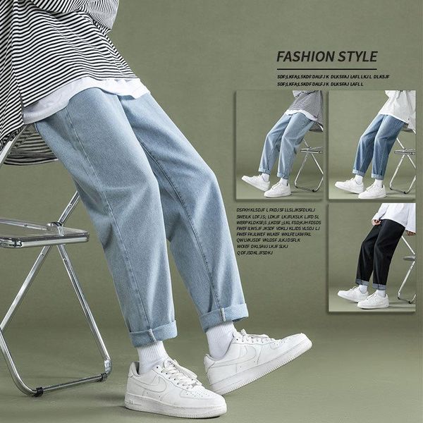 

men's jeans summer 2021 trend loose wide-leg straight classic light-colored casual street long pants men plus size, Blue