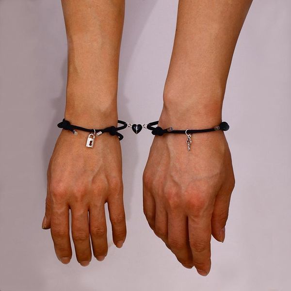 

charm bracelets 2pc couple bracelet key lock manual adjustable magnetic long distance lover relationship friend ladies gift 14-28, Golden;silver