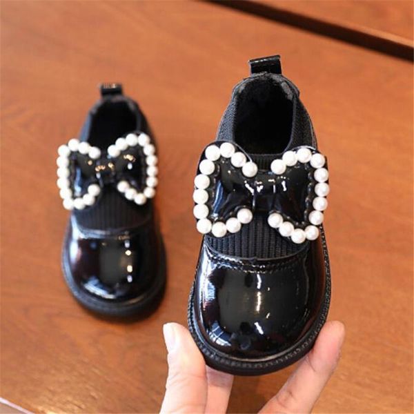 

flat shoes autumn baby leather girl fashion korean pearl bow princess soft-soled boots single, Black;grey
