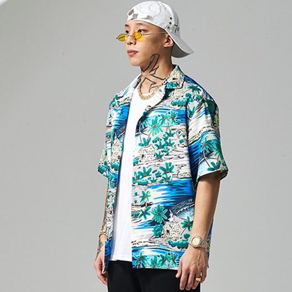 

men fashion shirt print short sleeve loose casual for male beach soft summer men's shirts, White;black