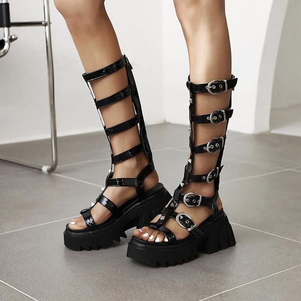 

rome style women sandals fashion belt buckle knee high boots peep toe zip platform shoes summer gladiator dress, Black