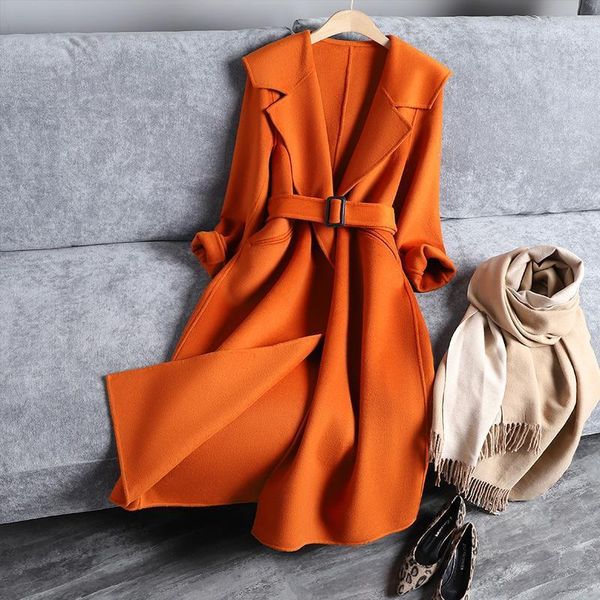 

medium length over knee cashmere overcoat women's hepburn style lace up bathrobe high end foreign double faced wool & blends, Black