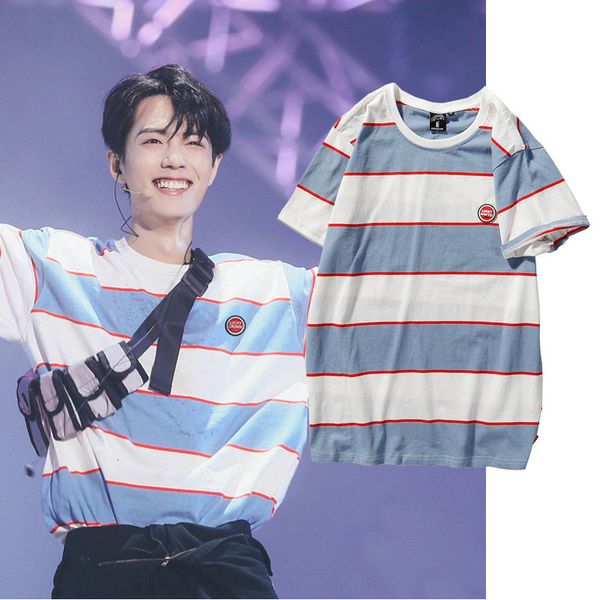 

t shirt xiao zhan's same colorful striped short sleeve for men and women, White;black