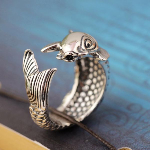 

cluster rings s925 sterling silver vintage thai ring for women open adjustable carp goldfish female, Golden;silver