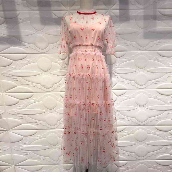 

casual dresses women long summer mesh embroidery sweet high waist tunic short sleeve tulle pink party maxi 0um1, Black;gray