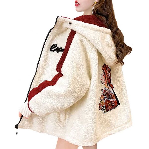 

lamb plush coat outerwear women autumn winter fashion embroidery hooded jacket ladies plus velvet thick warm overcoat 211220, Black