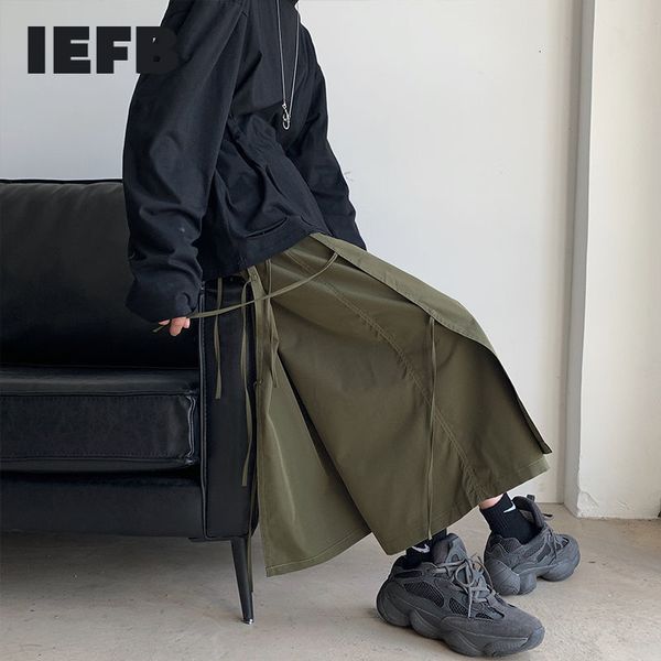 

iefb ribbon design skirt pants men's calf-length wide leg pants summer loose casual male black trousers 9y7703 210524