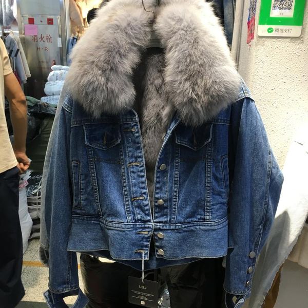

women's jackets winter warm real fur coat natural collar + hair liner denim jacket femal parkas outerwear f2228, Black;brown