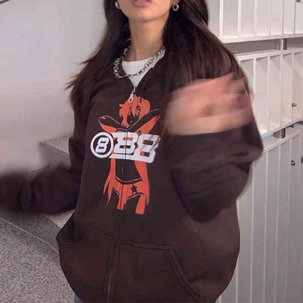 

women's hoodies & sweatshirts zip-up feminino estilo coreano hoodies vintage marrom manga longa senhora moletom com capuz zÃ­per y2k sol, Black
