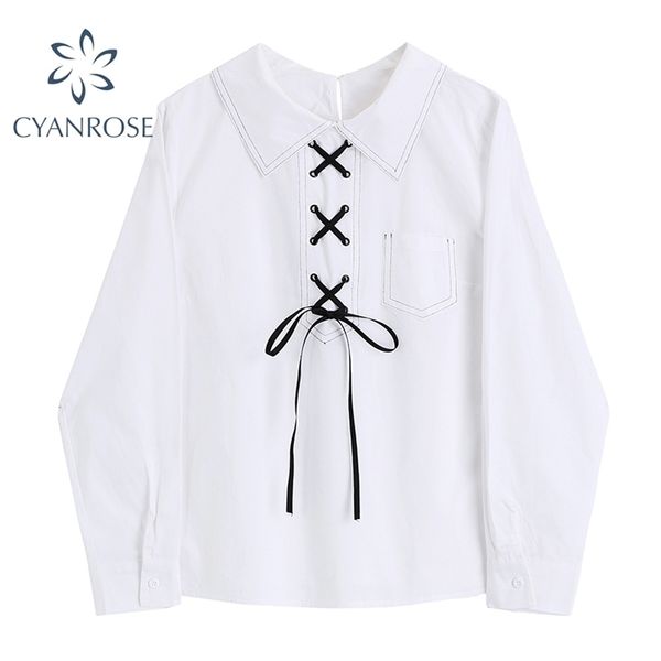 

white pullover lace up collar blouses streetwear harajuku sweet preppy style shirt stitched deign long sleeve stylish 210515