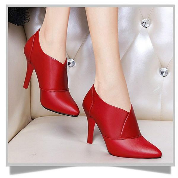 

spring women single boots high heels dress shoes pointed toe black red woman ankle