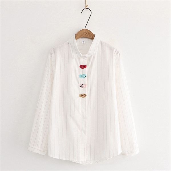 

women blouse colour fish embroidered shirt female turn-down collar stripe button long sleeve loose work blous 210430, White