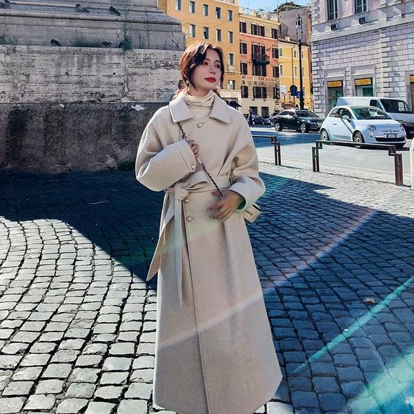 

women's wool & blends winter coat women elegant fashion white turn-down collar long slim overcoat and jackets ladies thick warm y186, Black