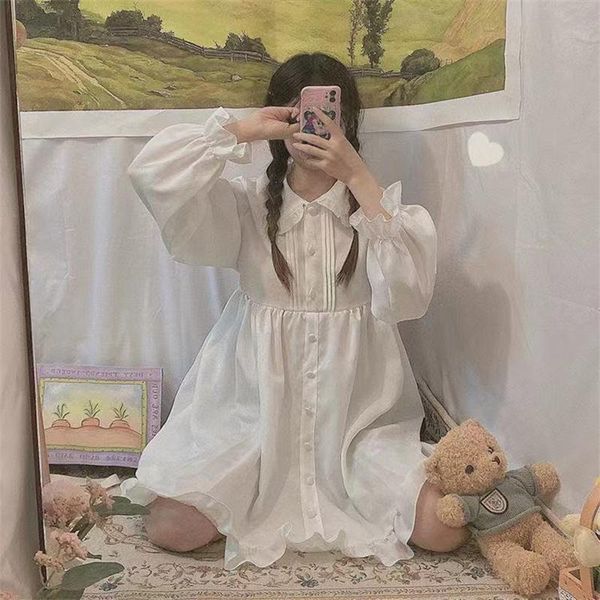 

casual dresses kawaii dress women sweet lolita white short ruffles peter collar preppy style spring autumn long sleeve robe vestidos, Black;gray