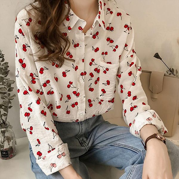 

vintage matching fruit pattern women shirts print office long sleeve business chic autumn retro g1, White