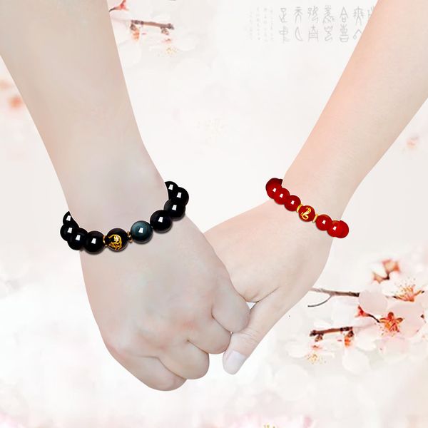 

design bracelet fashion natural obsidian red agate gilded zodiac sign for lovers bucket beads hand string crystal, Golden;silver