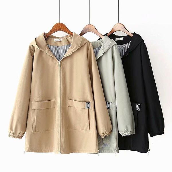 

women's trench coats 2021 spring autumn women zipper hooded windbreaker coat plus size 5xl loose long outerwear khaki casual female, Tan;black