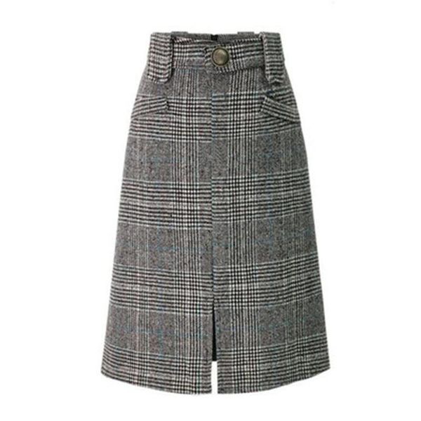 

vintage plaid skirt women spring autumn elegant high waist split chic retro fashion street ladies slim casual bodycon skirts, Black