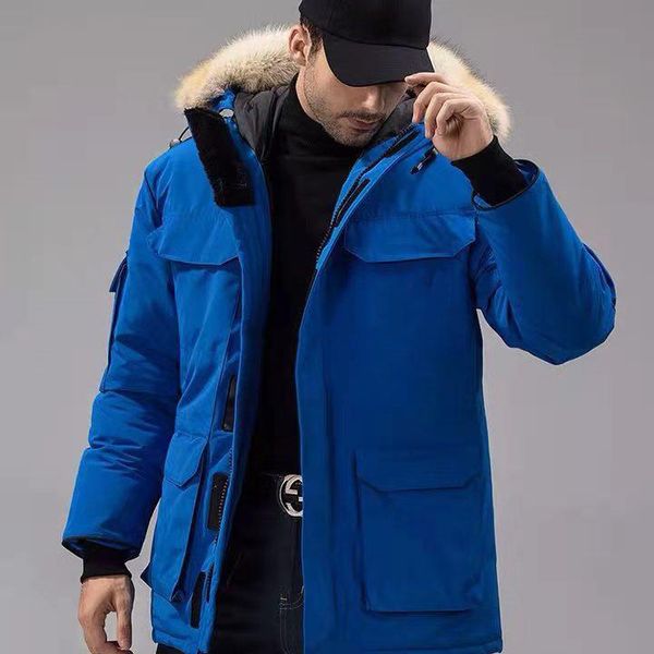 

winter outdoor leisure sports down jacket white duck windproof parker long leather collar cap warm real wolf fur stylish classic adventure w, Blue;black