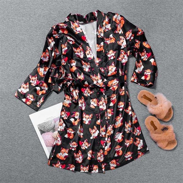 

bathrobe imitation silk women's home sleep pajamas printing micro elastic ice silk feeling home clothes 211201