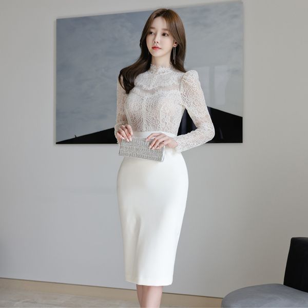 

new elegant white lace dress long sleeve hollow out bodycon formal party dress club autumn fashion, Black;gray